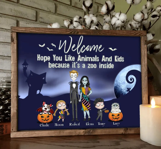 Personalized Horror Family Poster - Couple With Up to 2 Kids And 3 Pets - Gift Idea For Family/Dog/Cat Lover - Welcome Hope You Like Animals And Kids