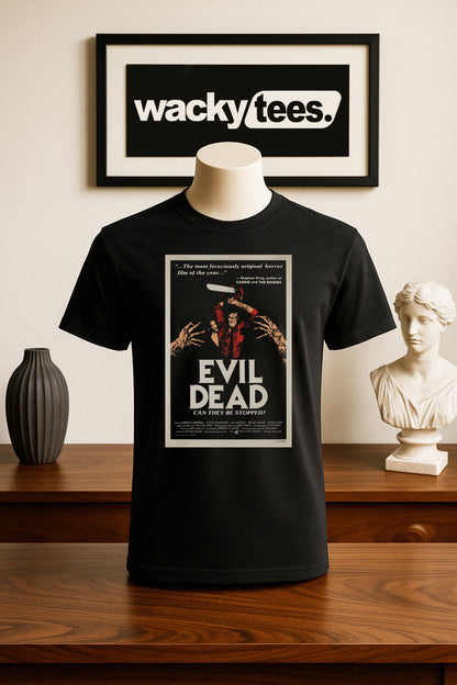 Evil Dead 1981 Can They Be Stopped Horror Poster Style Graphic Tee Shirt