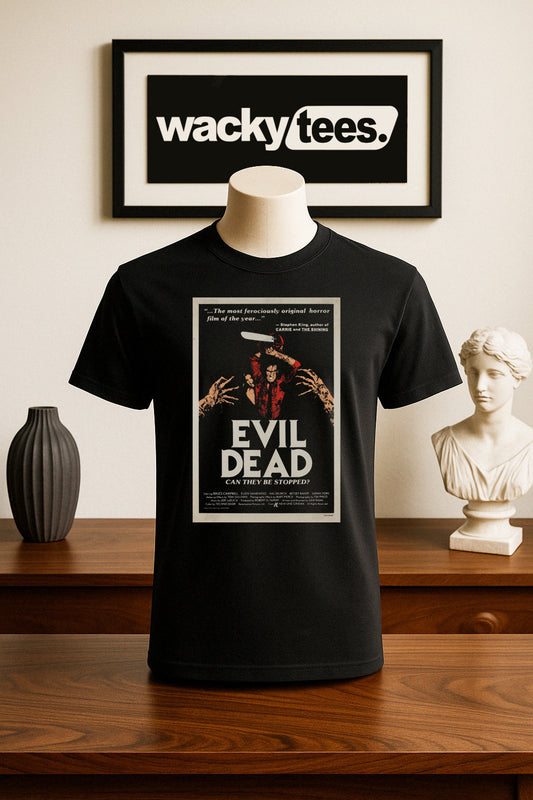 Evil Dead 1981 Can They Be Stopped Horror Poster Style Graphic Tee Shirt