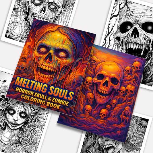 Melting Souls Coloring Pages – 48 Pages – Gothic Zombies, Skull Horror Art – For Adults