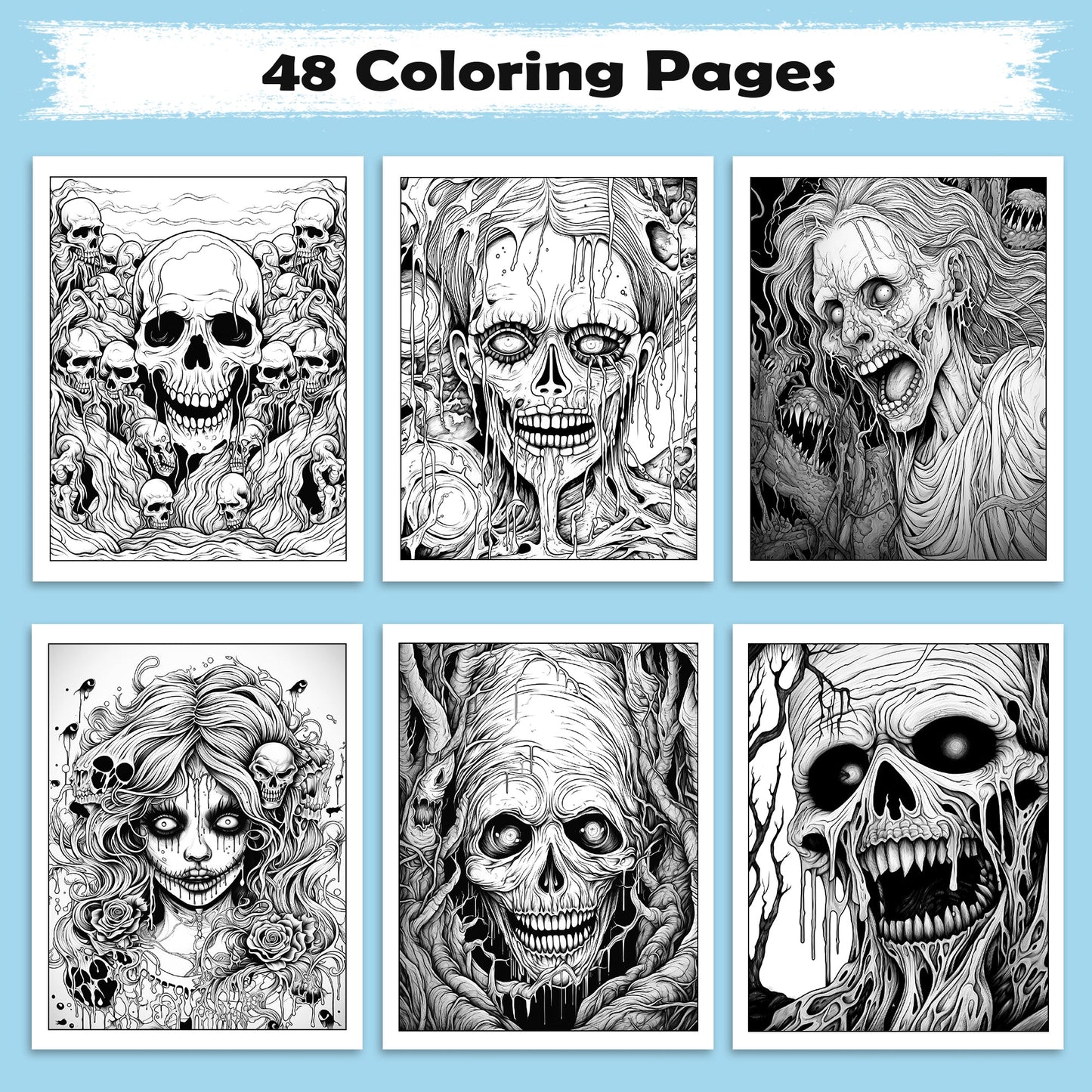 Melting Souls Coloring Pages – 48 Pages – Gothic Zombies, Skull Horror Art – For Adults