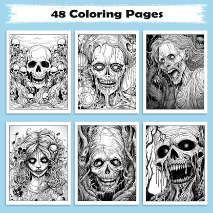 Melting Souls Coloring Pages – 48 Pages – Gothic Zombies, Skull Horror Art – For Adults